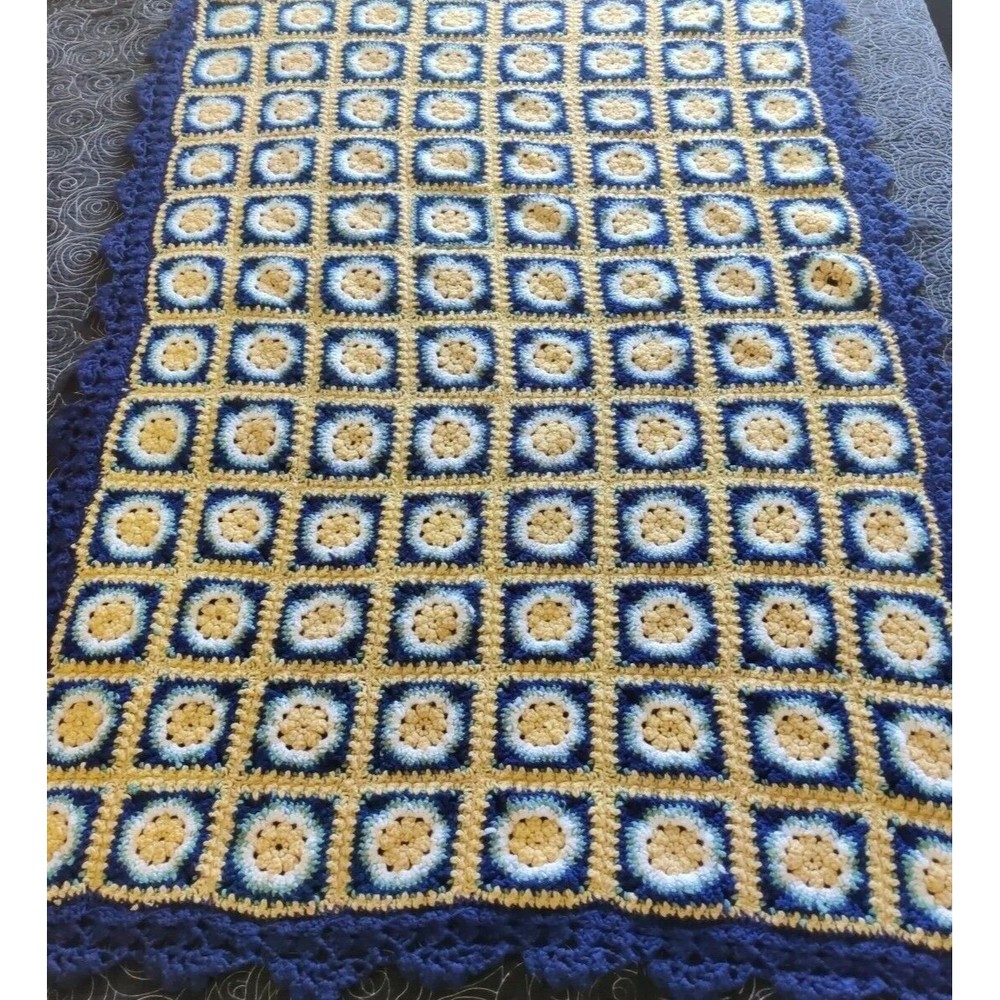 Handmade Granny Square Afghan Throw Crochet Blue Yellow White 66 x 46 Y2K 90s